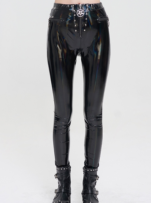 Punk Style Elastic Shiny Front Center Metal Zipper With Five Pointed Star Pendant Black Leather Trousers