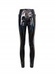 Punk Style Elastic Shiny Front Center Metal Zipper With Five Pointed Star Pendant Black Leather Trousers