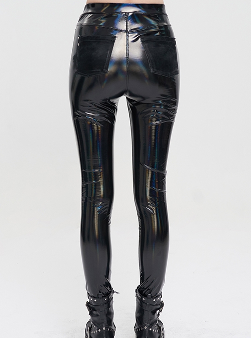 Punk Style Elastic Shiny Front Center Metal Zipper With Five Pointed Star Pendant Black Leather Trousers