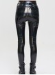 Punk Style Elastic Shiny Front Center Metal Zipper With Five Pointed Star Pendant Black Leather Trousers