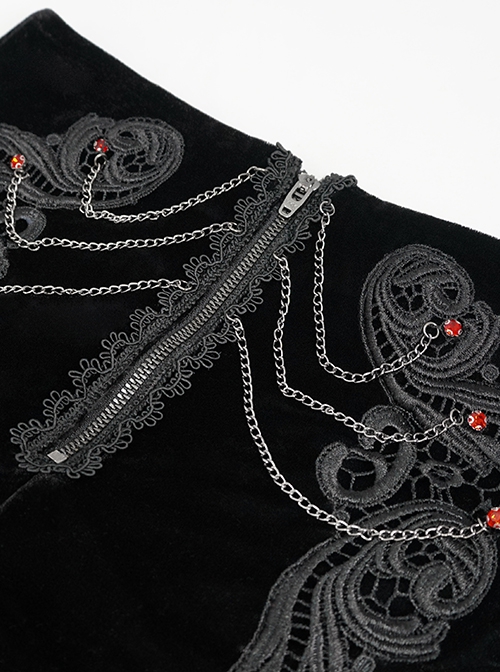 Punk Style High Grade Velvet Fabric Metal Zipper In The Front With Exquisite Applique Chain Decoration Black High Waisted Shorts