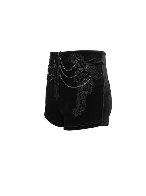 Punk Style High Grade Velvet Fabric Metal Zipper In The Front With Exquisite Applique Chain Decoration Black High Waisted Shorts