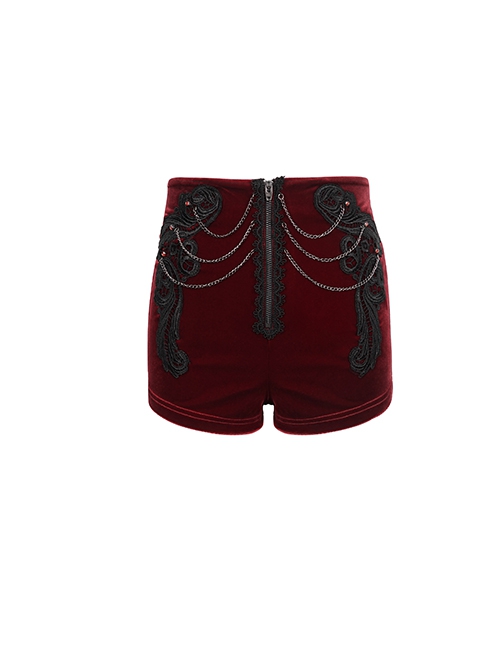 Punk Style High Grade Velvet Fabric Metal Zipper In The Front With Exquisite Applique Chain Decoration Red High Waisted Shorts