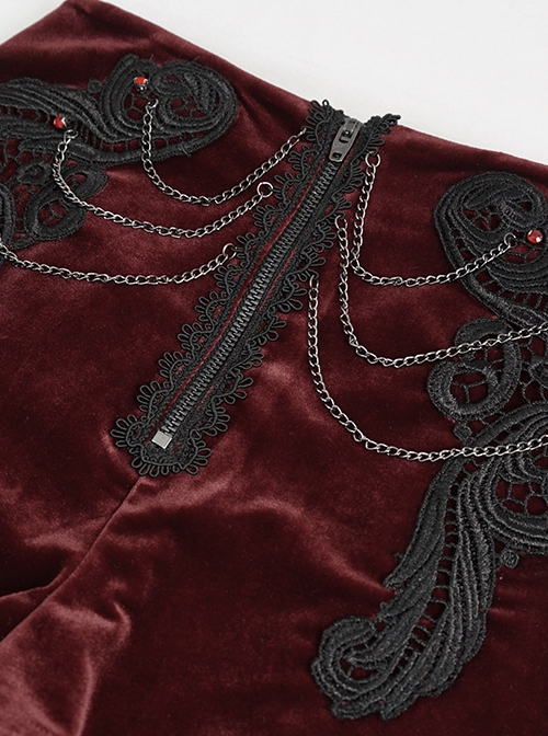 Punk Style High Grade Velvet Fabric Metal Zipper In The Front With Exquisite Applique Chain Decoration Red High Waisted Shorts