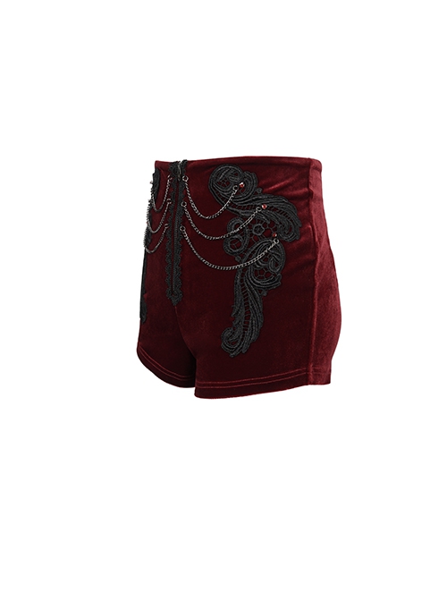 Punk Style High Grade Velvet Fabric Metal Zipper In The Front With Exquisite Applique Chain Decoration Red High Waisted Shorts