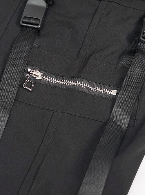 Punk Style Fine Twill Front Center Tie Metal Buckle Decoration Men's Black Two Wear Pants