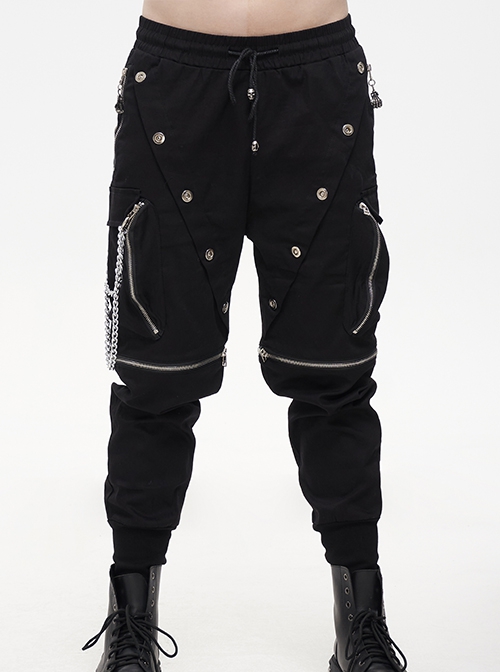 Punk Style Two Wear Wear Front Center Skull Metal Chain Decoration Men's Black Pants