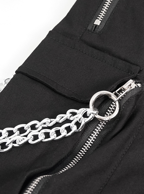 Punk Style Two Wear Wear Front Center Skull Metal Chain Decoration Men's Black Pants