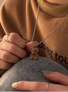 British Style Cute Childlike Brown Plush Bear Sweater Long Chain Cartoon Kawaii Fashion Animal Necklace