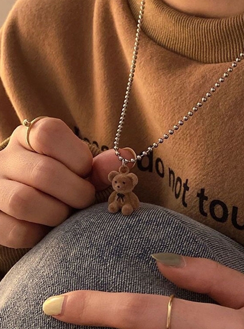 British Style Cute Childlike Brown Plush Bear Sweater Long Chain Cartoon Kawaii Fashion Animal Necklace