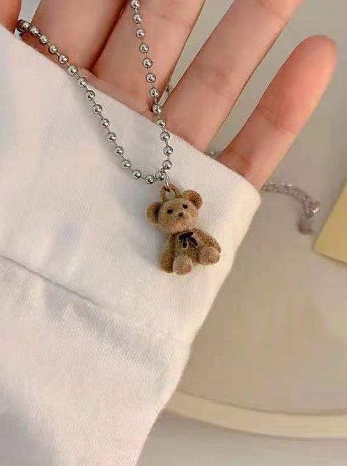 British Style Cute Childlike Brown Plush Bear Sweater Long Chain Cartoon Kawaii Fashion Animal Necklace