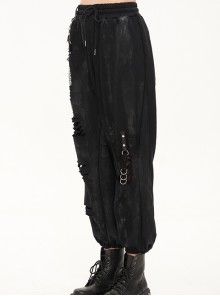 Gothic Loose Knit Sweater Fabric With Front Hole And Metal Ring Decoration Black Vintage Trousers