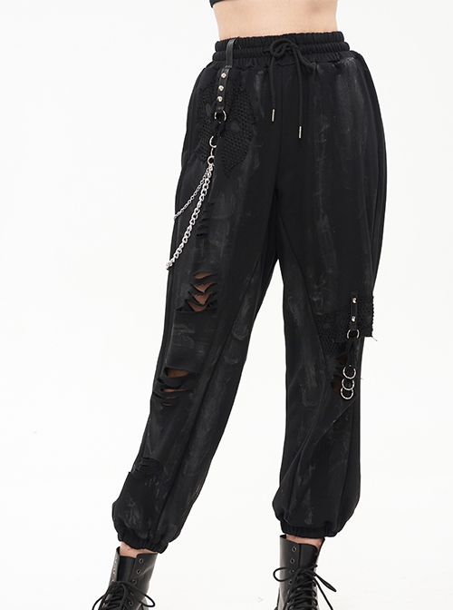 Gothic Loose Knit Sweater Fabric With Front Hole And Metal Ring Decoration Black Vintage Trousers