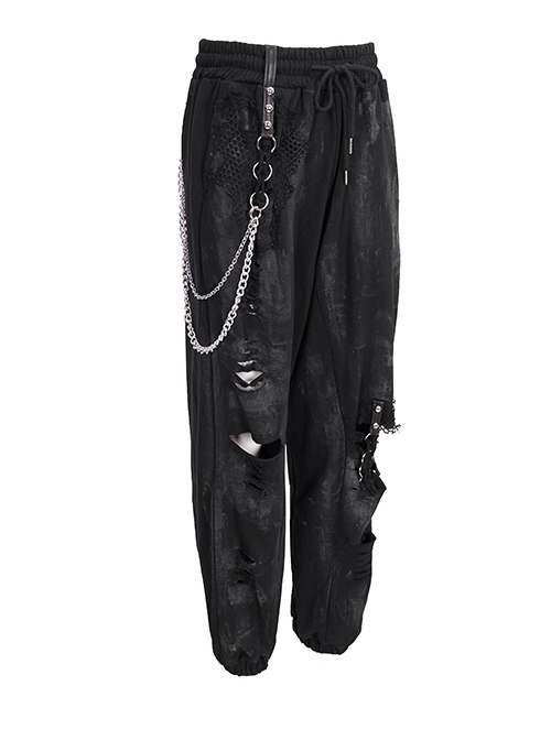 Gothic Loose Knit Sweater Fabric With Front Hole And Metal Ring Decoration Black Vintage Trousers