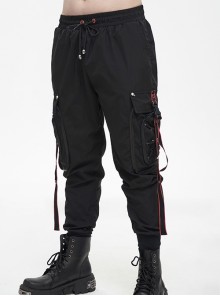 Punk Style Simple Restrained Leg Opening Side Pocket Decoration Black Drawstring Men's Trousers
