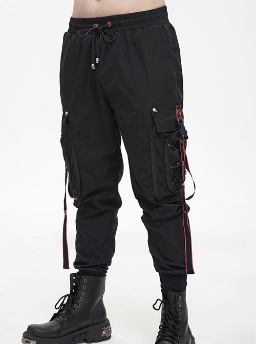 Punk Style Simple Restrained Leg Opening Side Pocket Decoration Black Drawstring Men's Trousers