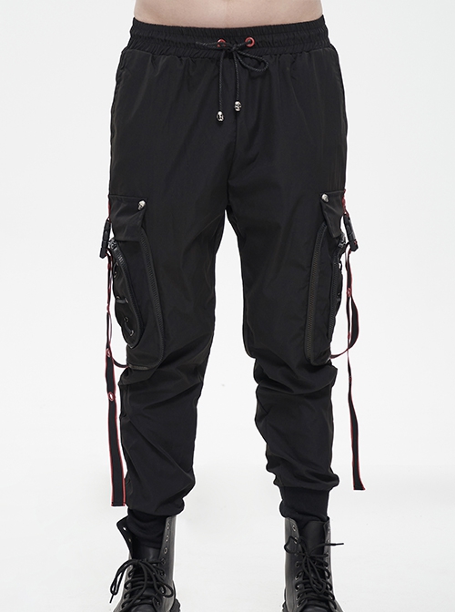 Punk Style Simple Restrained Leg Opening Side Pocket Decoration Black Drawstring Men's Trousers