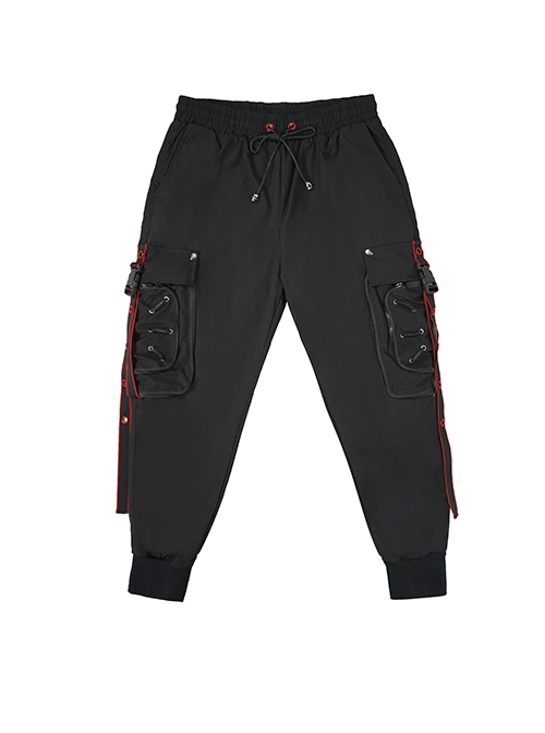 Punk Style Simple Restrained Leg Opening Side Pocket Decoration Black Drawstring Men's Trousers