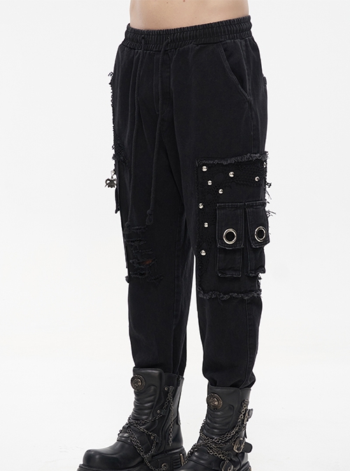 Punk Style Old Fashioned Rough Twill Front Center Hole Mesh Splicing Metal Rivet Decoration Black Loose Raw Edge Pants