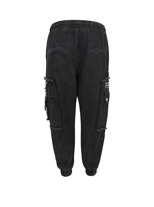 Punk Style Old Fashioned Rough Twill Front Center Hole Mesh Splicing Metal Rivet Decoration Black Loose Raw Edge Pants