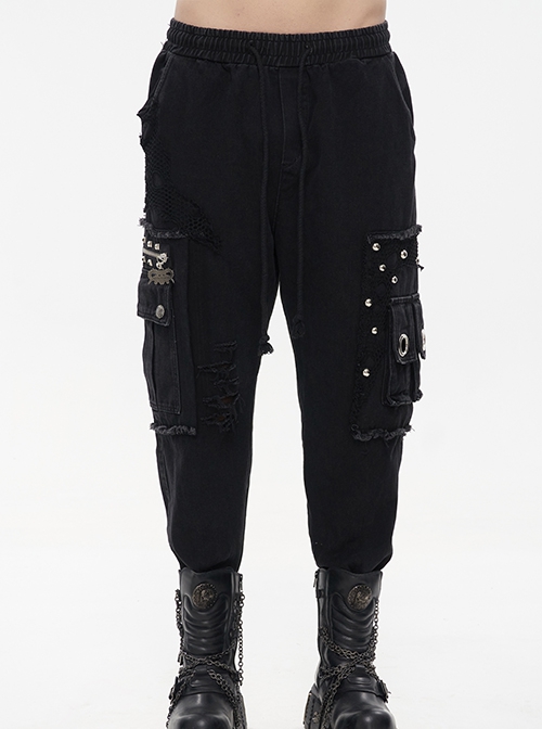 Punk Style Old Fashioned Rough Twill Front Center Hole Mesh Splicing Metal Rivet Decoration Black Loose Raw Edge Pants