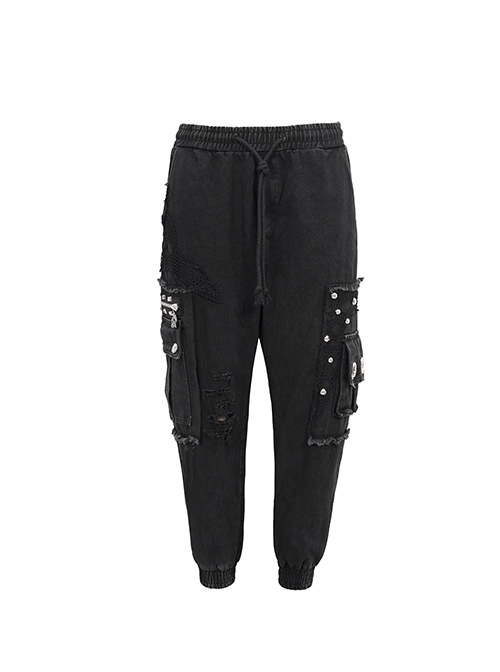 Punk Style Old Fashioned Rough Twill Front Center Hole Mesh Splicing Metal Rivet Decoration Black Loose Raw Edge Pants