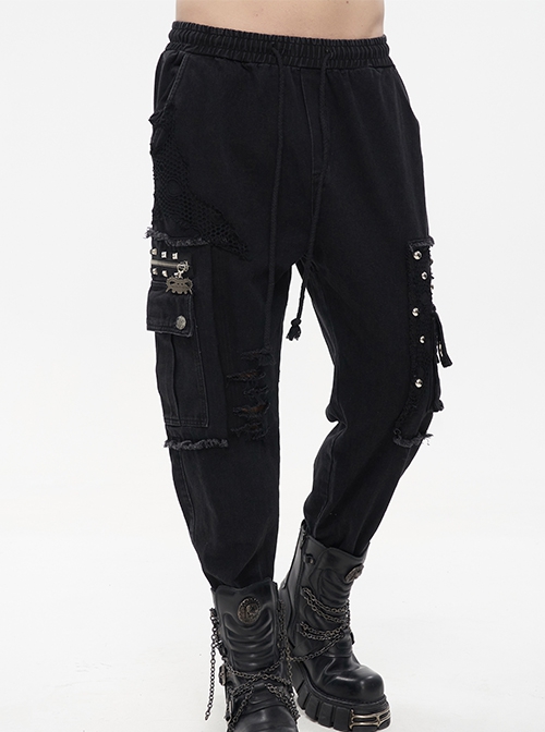 Punk Style Old Fashioned Rough Twill Front Center Hole Mesh Splicing Metal Rivet Decoration Black Loose Raw Edge Pants