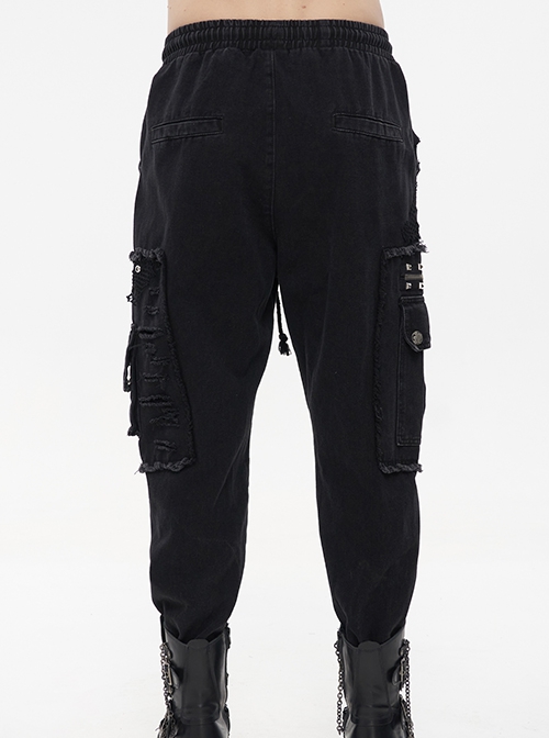 Punk Style Old Fashioned Rough Twill Front Center Hole Mesh Splicing Metal Rivet Decoration Black Loose Raw Edge Pants