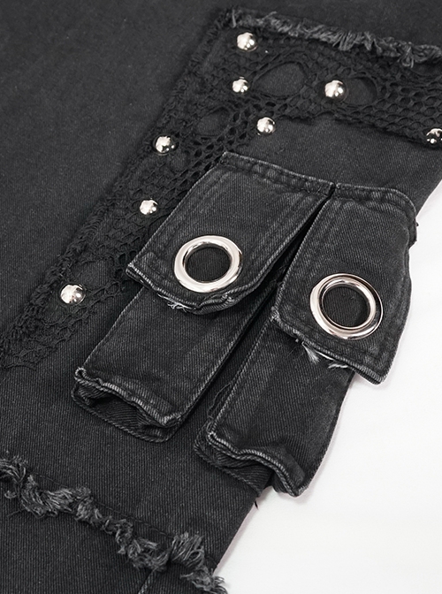 Punk Style Old Fashioned Rough Twill Front Center Hole Mesh Splicing Metal Rivet Decoration Black Loose Raw Edge Pants