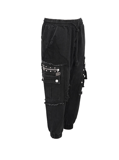 Punk Style Old Fashioned Rough Twill Front Center Hole Mesh Splicing Metal Rivet Decoration Black Loose Raw Edge Pants