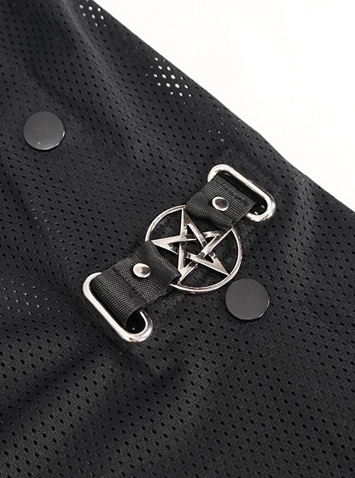 Punk Style Breathable Micro Mesh Side Detachable Buttons With Metal Five Pointed Star Pendant Zipper Black Sports Trousers