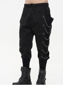 Punk Style Personality Twill Fabric Side Metal Eyelets With Chain Decoration Black Harem Pants