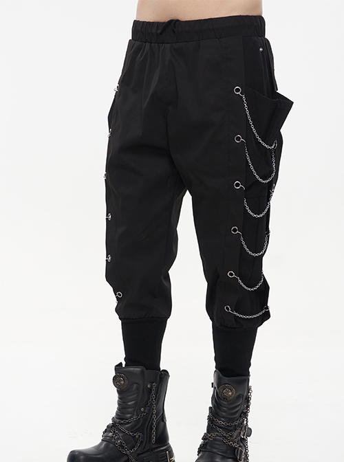 Punk Style Personality Twill Fabric Side Metal Eyelets With Chain Decoration Black Harem Pants