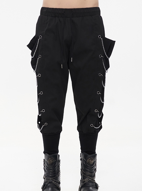 Punk Style Personality Twill Fabric Side Metal Eyelets With Chain Decoration Black Harem Pants