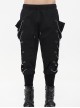 Punk Style Personality Twill Fabric Side Metal Eyelets With Chain Decoration Black Harem Pants