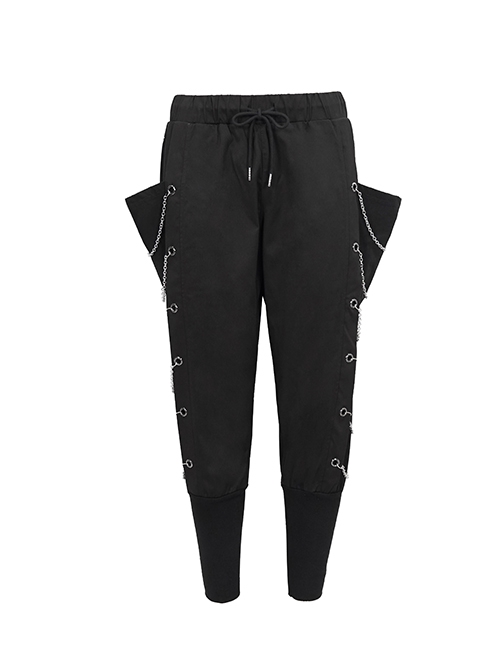 Punk Style Personality Twill Fabric Side Metal Eyelets With Chain Decoration Black Harem Pants