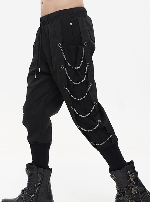 Punk Style Personality Twill Fabric Side Metal Eyelets With Chain Decoration Black Harem Pants