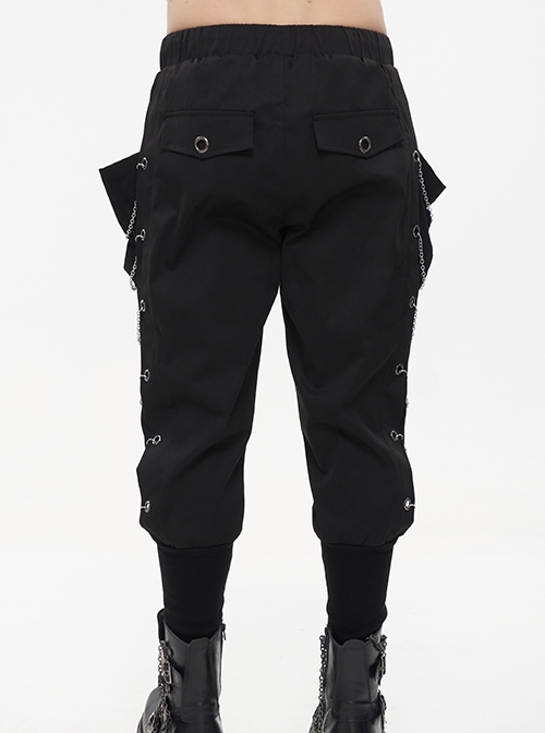 Punk Style Personality Twill Fabric Side Metal Eyelets With Chain Decoration Black Harem Pants