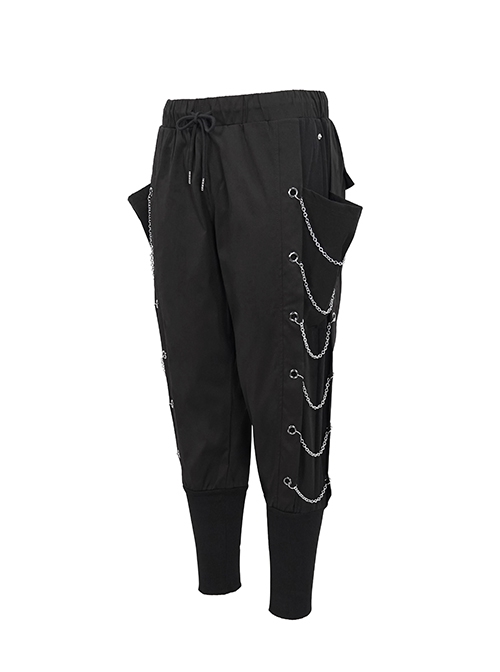 Punk Style Personality Twill Fabric Side Metal Eyelets With Chain Decoration Black Harem Pants