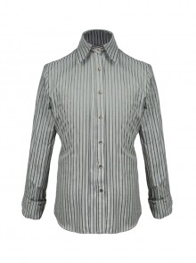 Amon Series England Lapel Steampunk White Green Stripes Resin Buttons Daily Ouji Fashion Long Sleeves Shirt