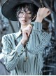 Amon Series England Lapel Steampunk White Green Stripes Resin Buttons Daily Ouji Fashion Long Sleeves Shirt