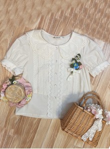 Antique Tags Series Vintage Everyday Sweet And Cute Embroidered Floral Lapel Sweet Lolita Cotton Puff Sleeves Shirt