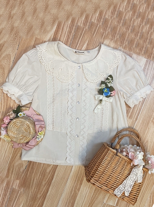 Antique Tags Series Vintage Everyday Sweet And Cute Embroidered Floral Lapel Sweet Lolita Cotton Puff Sleeves Shirt