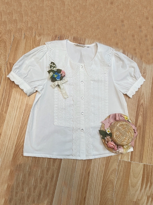 Antique Tags Series Vintage Everyday Sweet And Cute Embroidered Floral Lapel Sweet Lolita Cotton Puff Sleeves Shirt