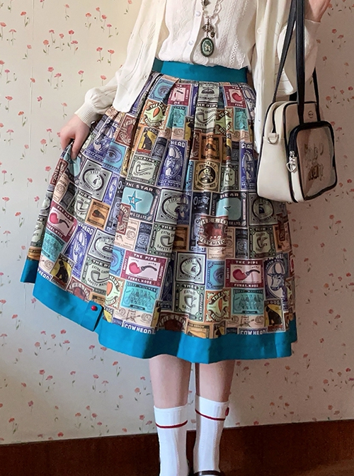 Antique Tags Series Vintage American Daily Commute Versatile Classic Lolita Printed Skirt