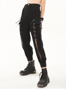 Punk Style Simple Multi-Pocket Metal Skull Button Front Center Tie Rope Design Black Slit Pants