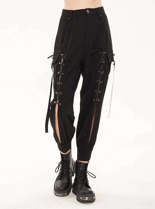 Punk Style Simple Multi-Pocket Metal Skull Button Front Center Tie Rope Design Black Slit Pants