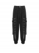 Punk Style Simple Multi-Pocket Metal Skull Button Front Center Tie Rope Design Black Slit Pants