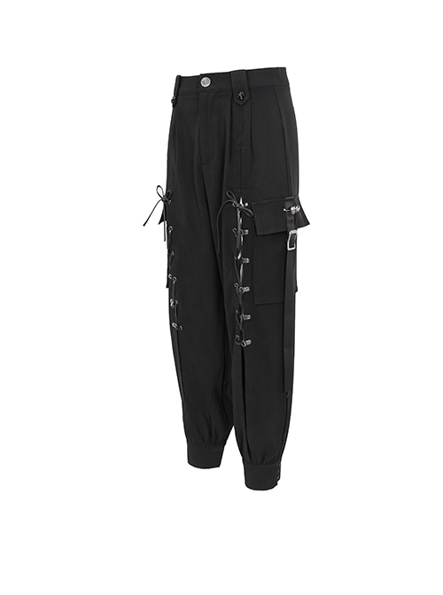 Punk Style Simple Multi-Pocket Metal Skull Button Front Center Tie Rope Design Black Slit Pants