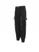 Punk Style Simple Multi-Pocket Metal Skull Button Front Center Tie Rope Design Black Slit Pants